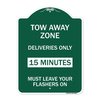 Signmission Tow Away Zone-Deliveries Only 15 Minutes Must Leave Your Flashers On, Green & White, GW-1824-22803 A-DES-GW-1824-22803